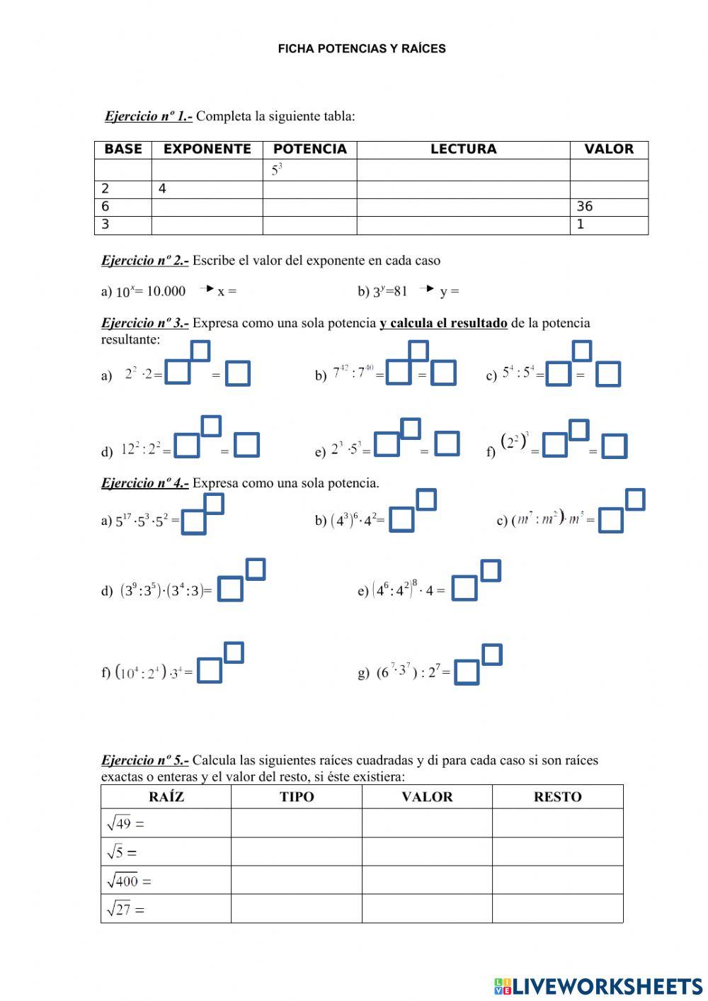 Ficha Potencias y raíces