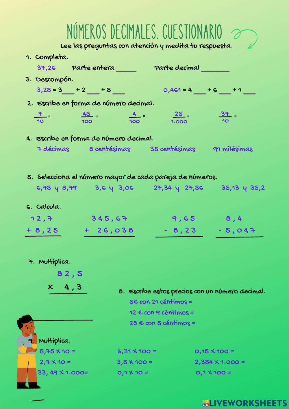 Decimales. Cuestionario