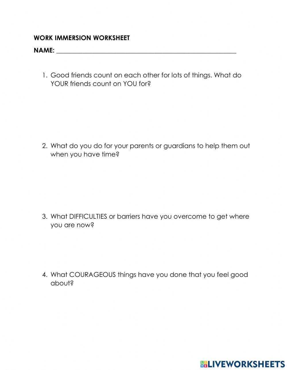 WORK IMMERSION … | Free Interactive Worksheets | 6936721