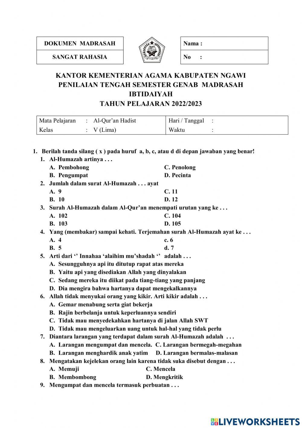Al-quran hadis pts KELAS 5 TP 2022-2023