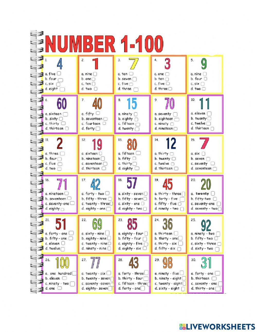 Number 1 100 online worksheet Live Worksheets
