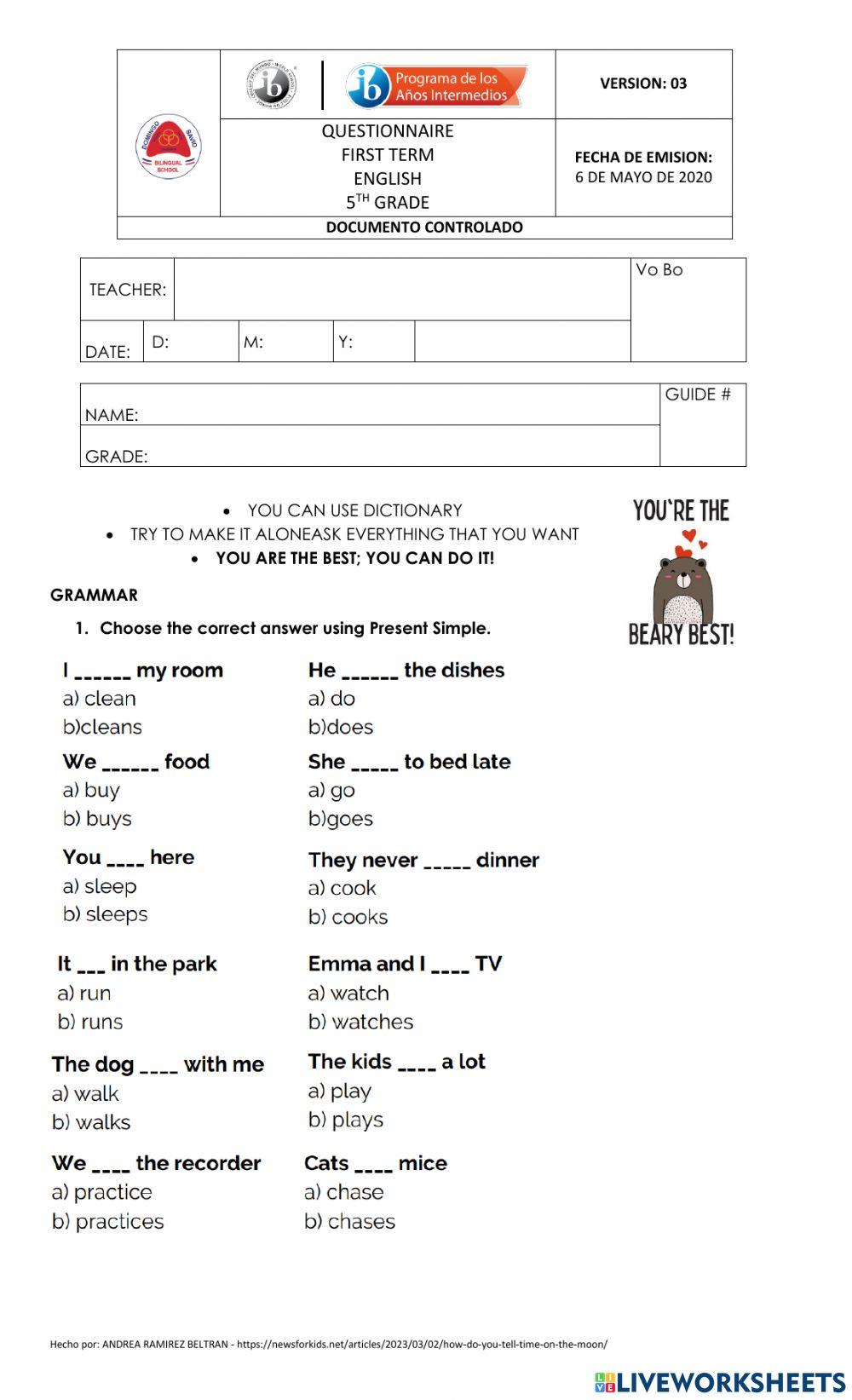 Cuestionario de Inglés