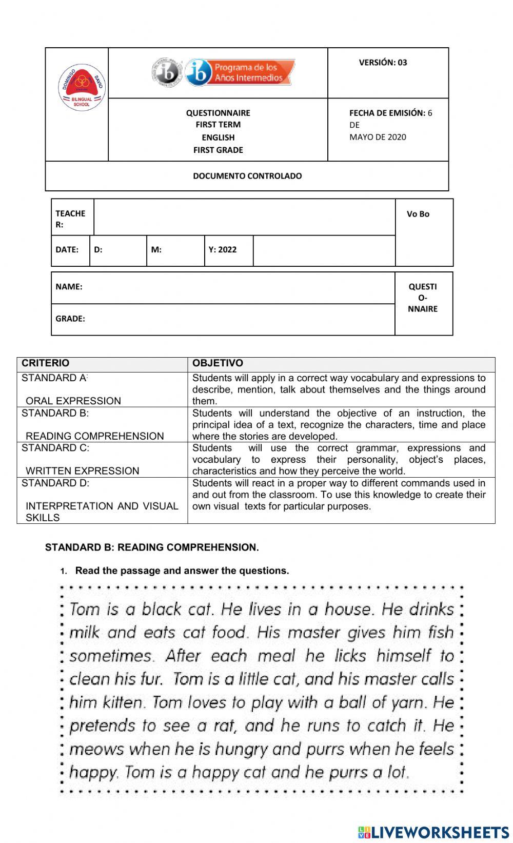 ENGLISH QUESTIONNARIE 1st GRADE