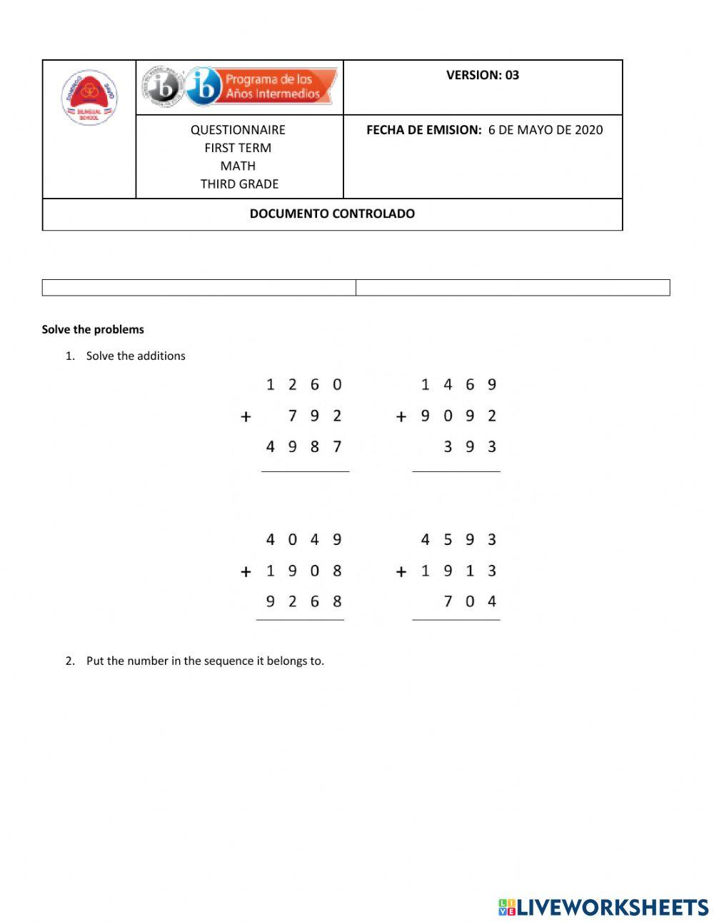 Math questionnaire Third Grade worksheet | Live Worksheets