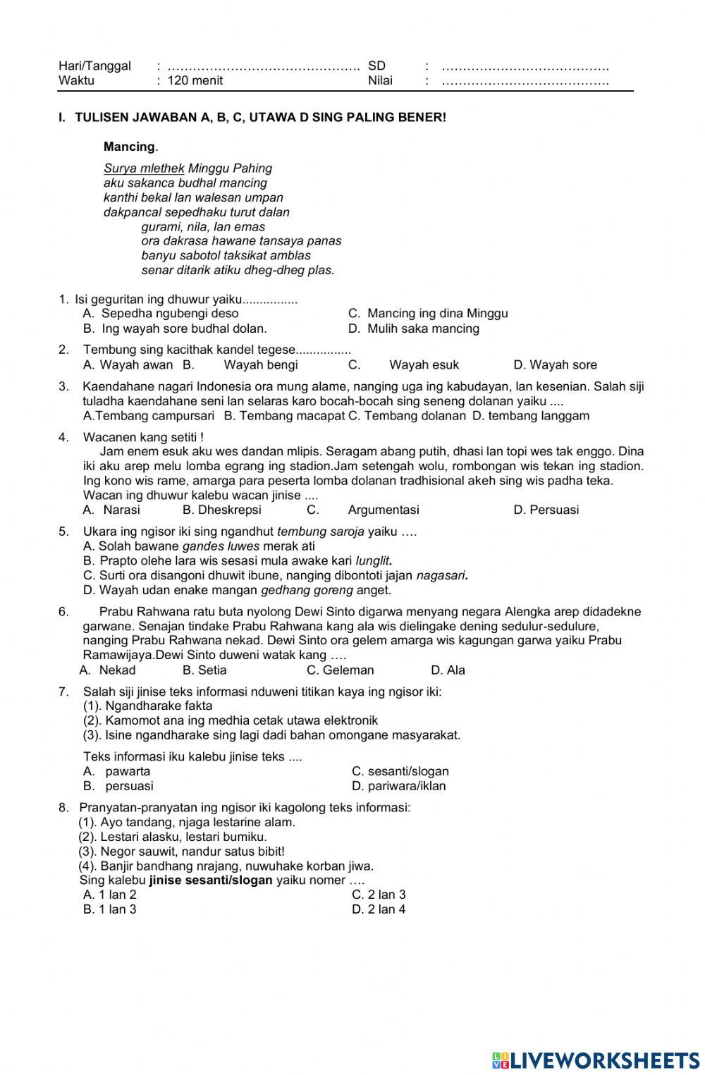 TRY OUT II BAHASA DAERAH