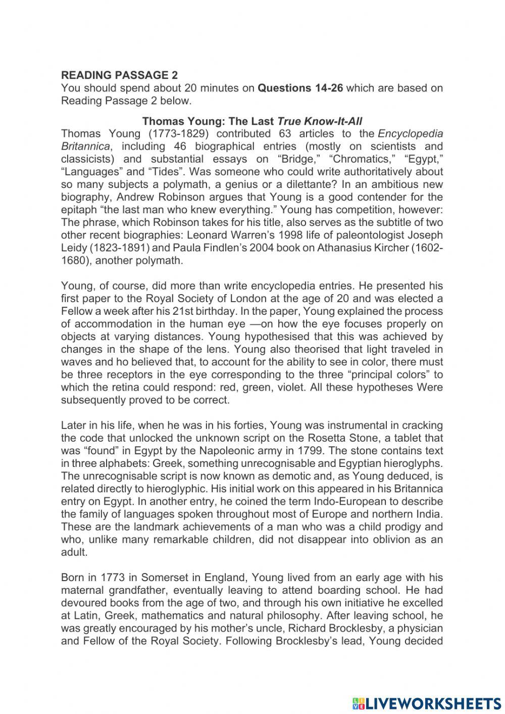 Reading Passage 2: Thomas Young