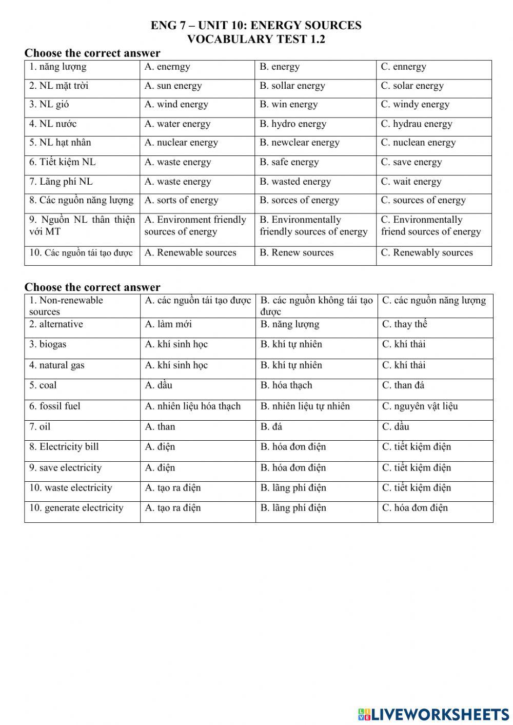ENG 7 - UNIT 10 - Vocab test 1.2