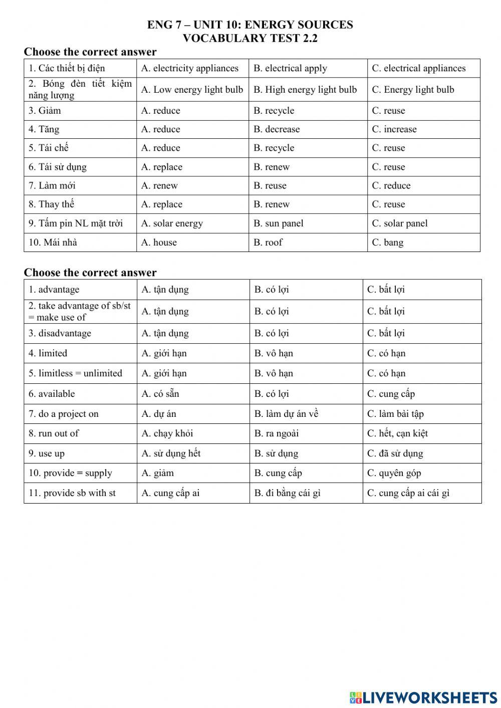 ENG 7 - UNIT 10 - Vocab test 2.2