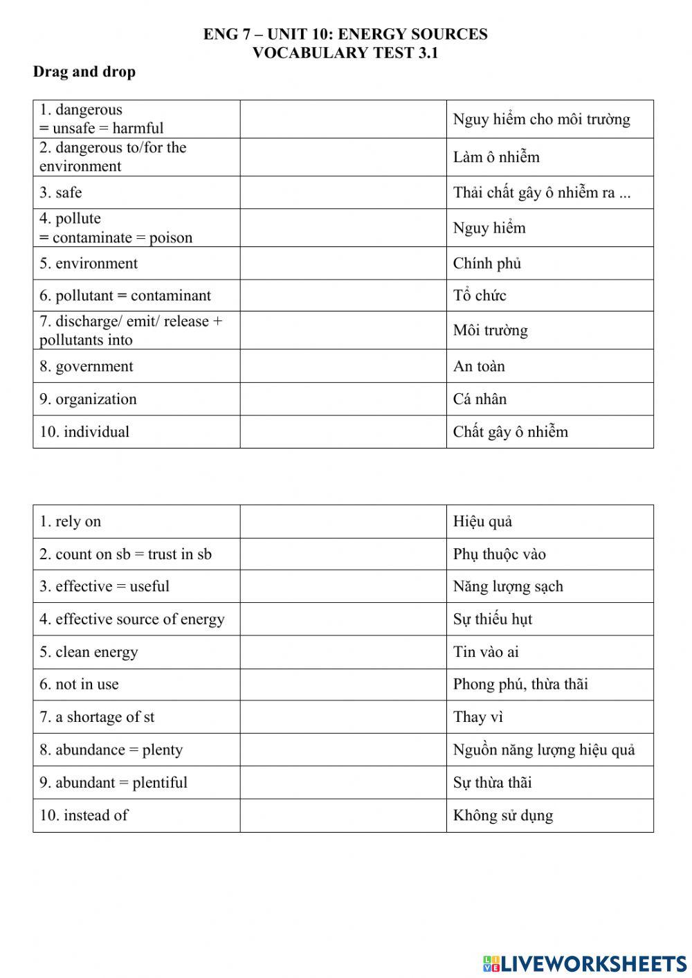 ENG 7 - UNIT 10 - Vocab test 3.1