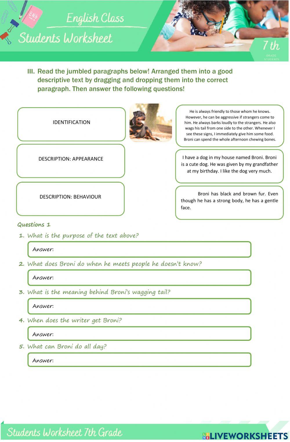Students Worksheet 7th Grade - Chapter 5: Describing Animal (Descriptive Text)