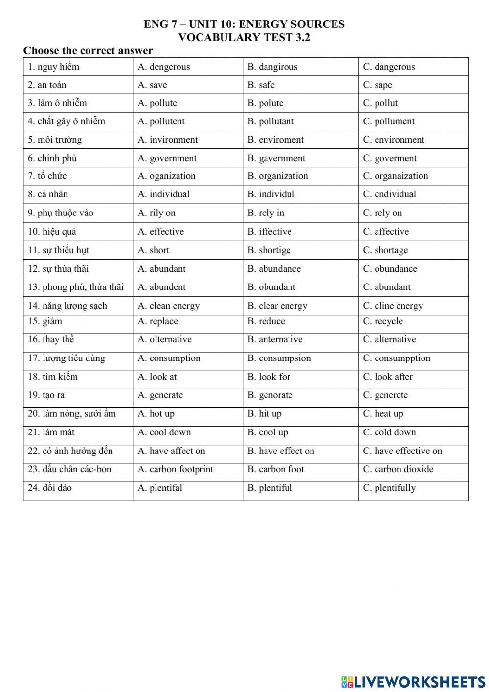 ENG 7 - UNIT 10 - Vocab test 3.2