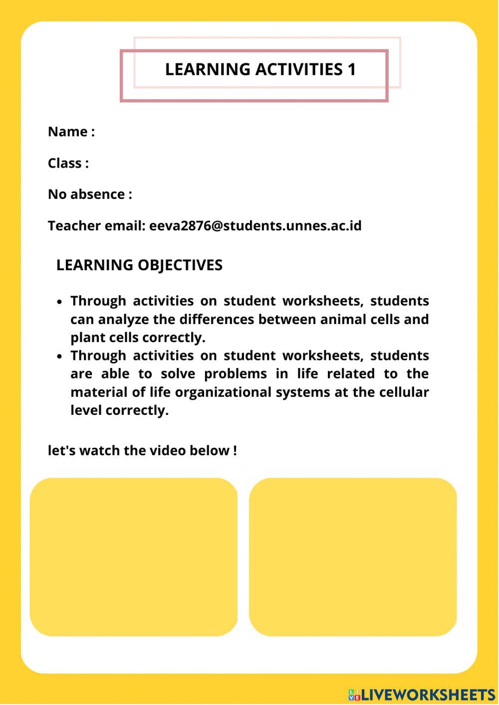 Student worksheet animal cells and plant cells