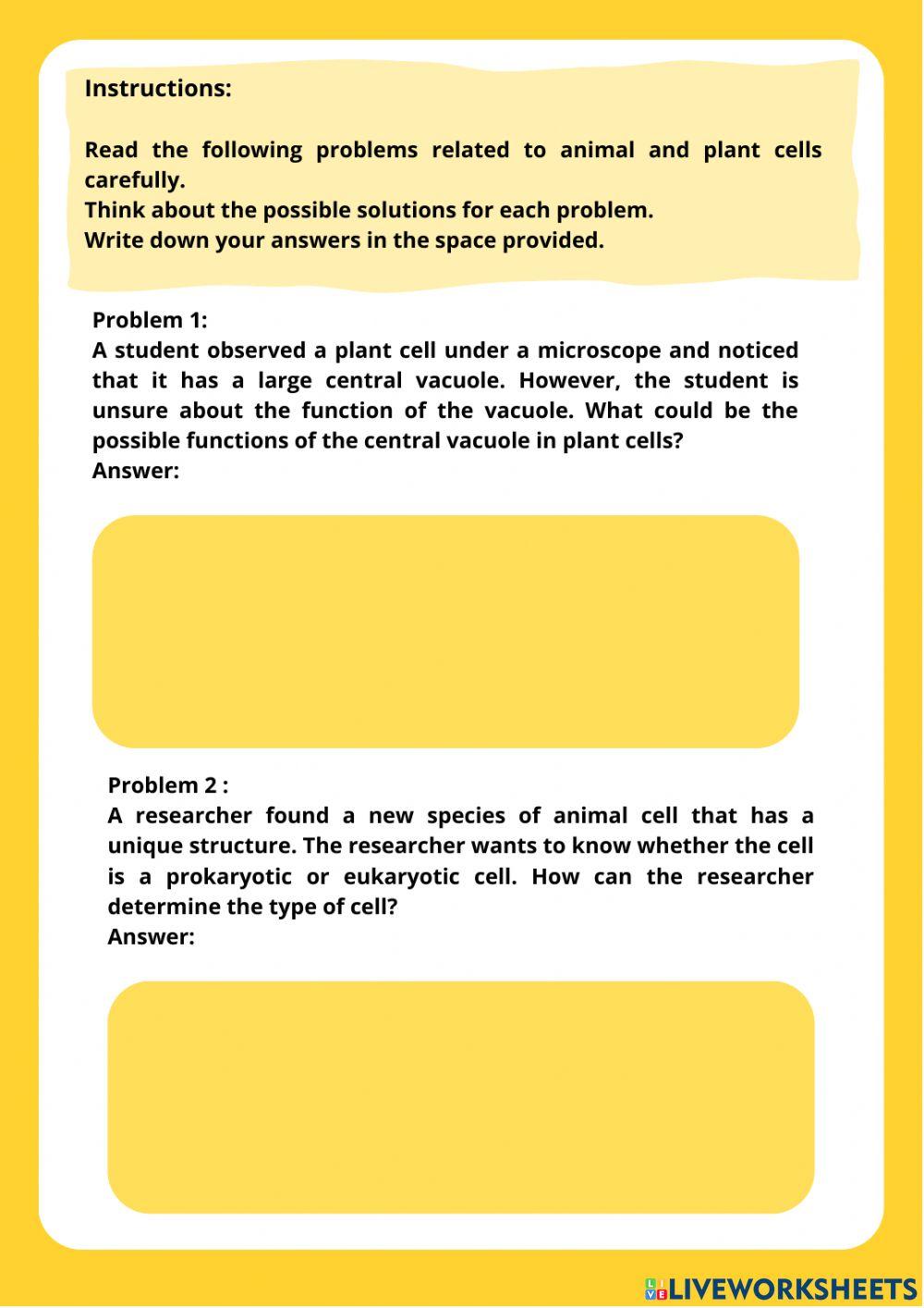 Student worksheet animal cells and plant cells