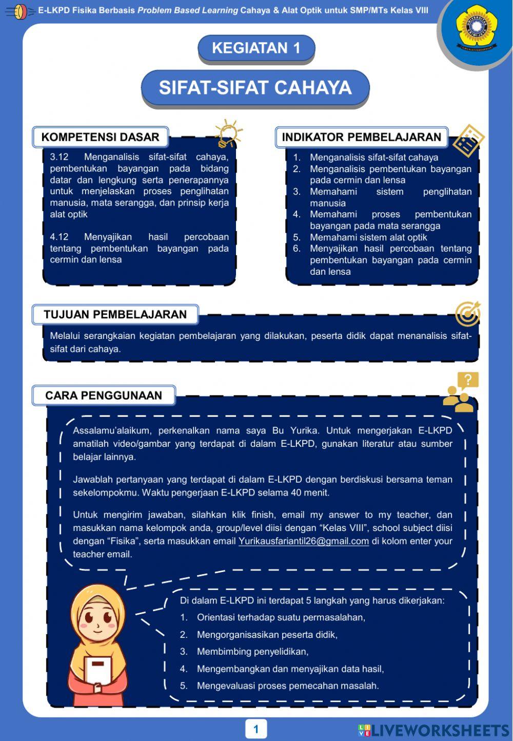 E-LKPD Fisika Berbasis Problem Based Learning Kegiatan 1 - Sifat-Sifat Cahaya