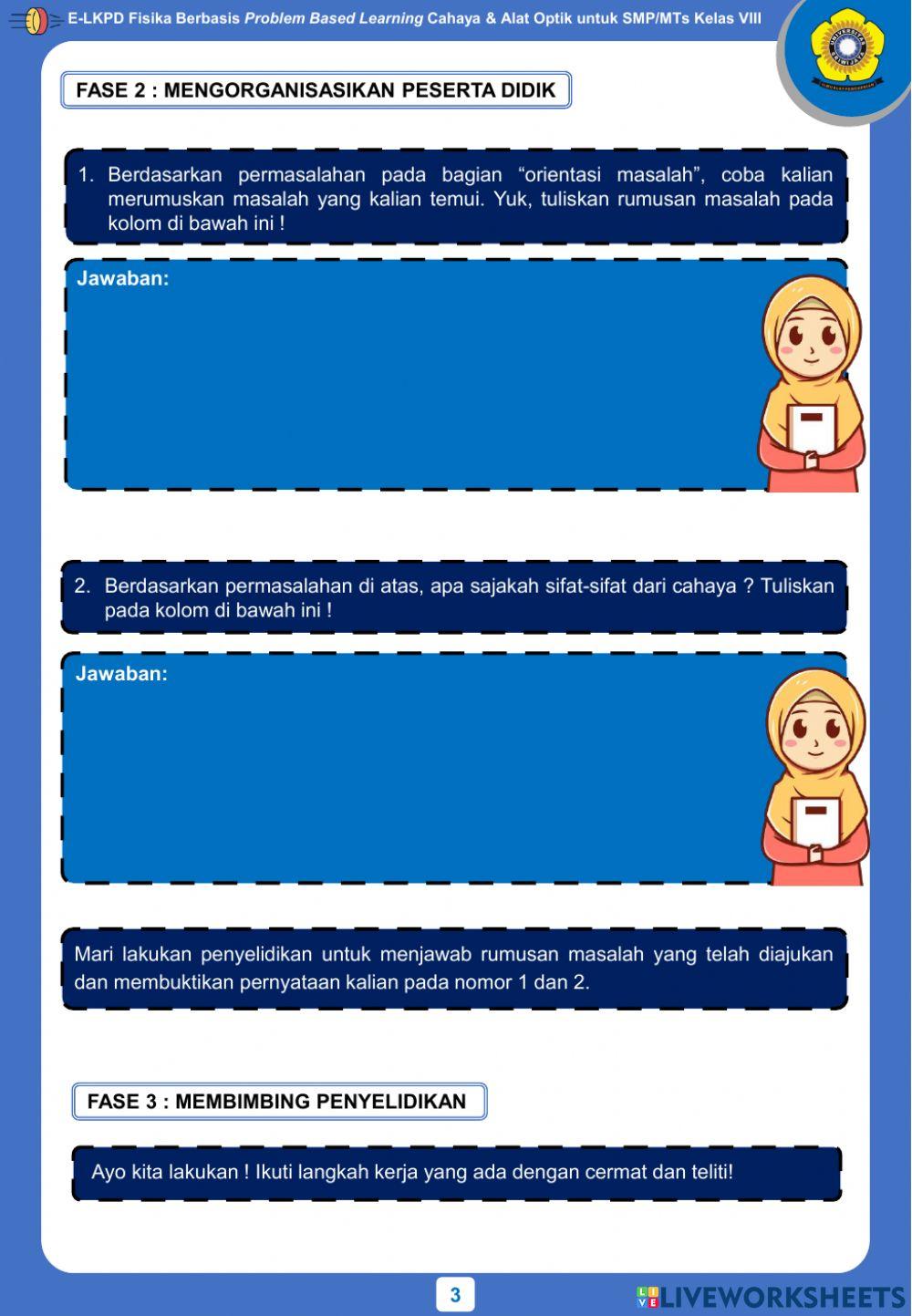 E-LKPD Fisika Berbasis Problem Based Learning Kegiatan 1 - Sifat-Sifat Cahaya