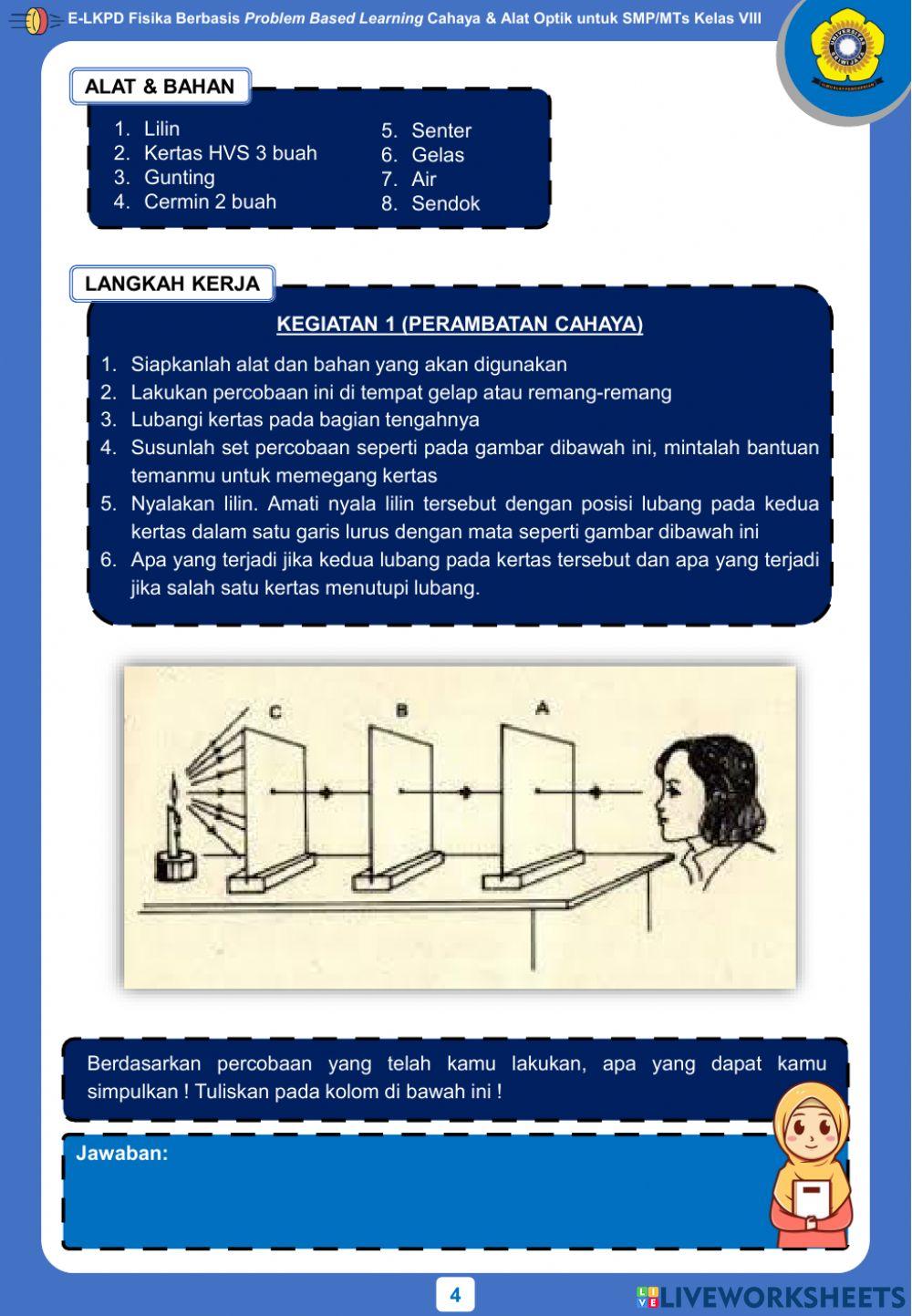 E-LKPD Fisika Berbasis Problem Based Learning Kegiatan 1 - Sifat-Sifat Cahaya