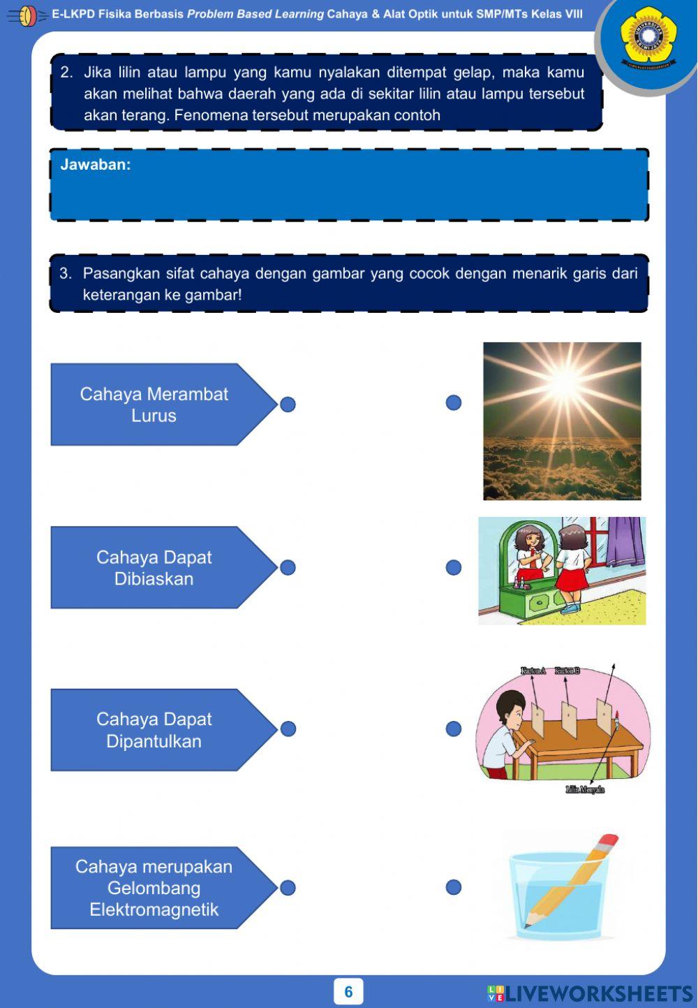 E-LKPD Fisika Berbasis Problem Based Learning Kegiatan 1 - Sifat-Sifat Cahaya