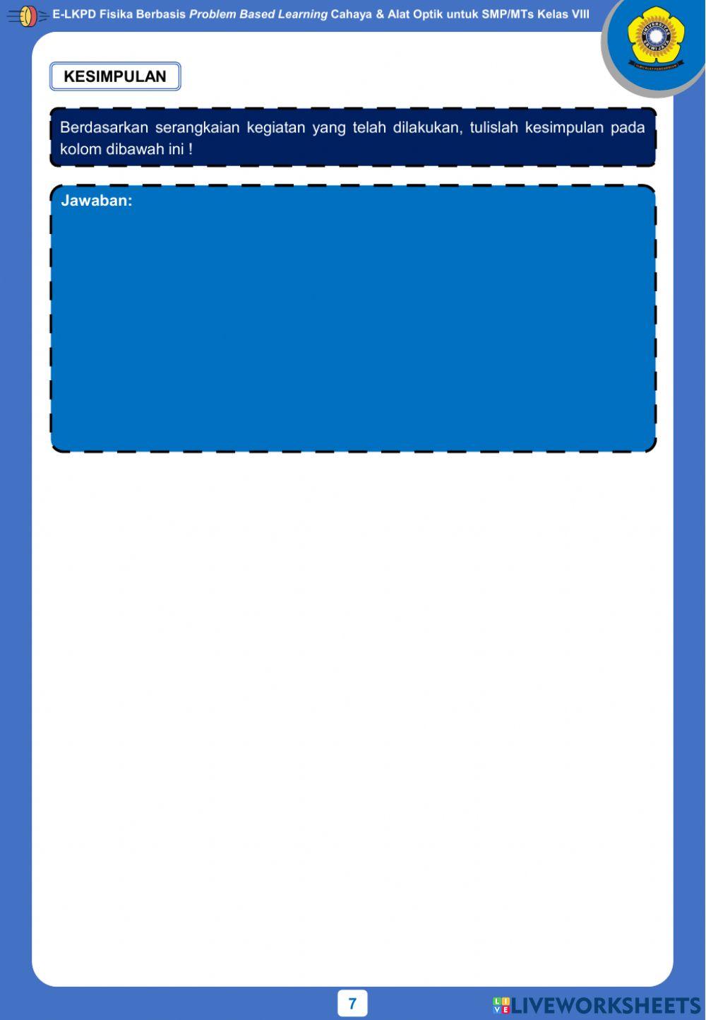 E-LKPD Fisika Berbasis Problem Based Learning Kegiatan 1 - Sifat-Sifat Cahaya