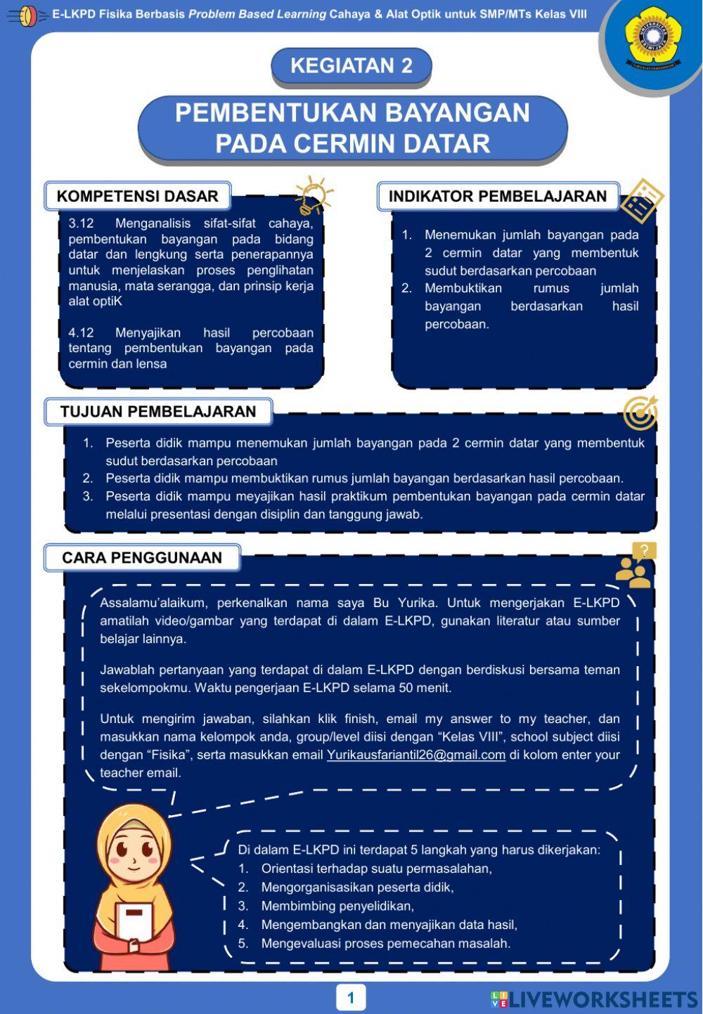 E-LKPD Fisika Berbasis Problem Based Learning Kegiatan 2 - Pembentukan Bayangan pada Cermin Datar