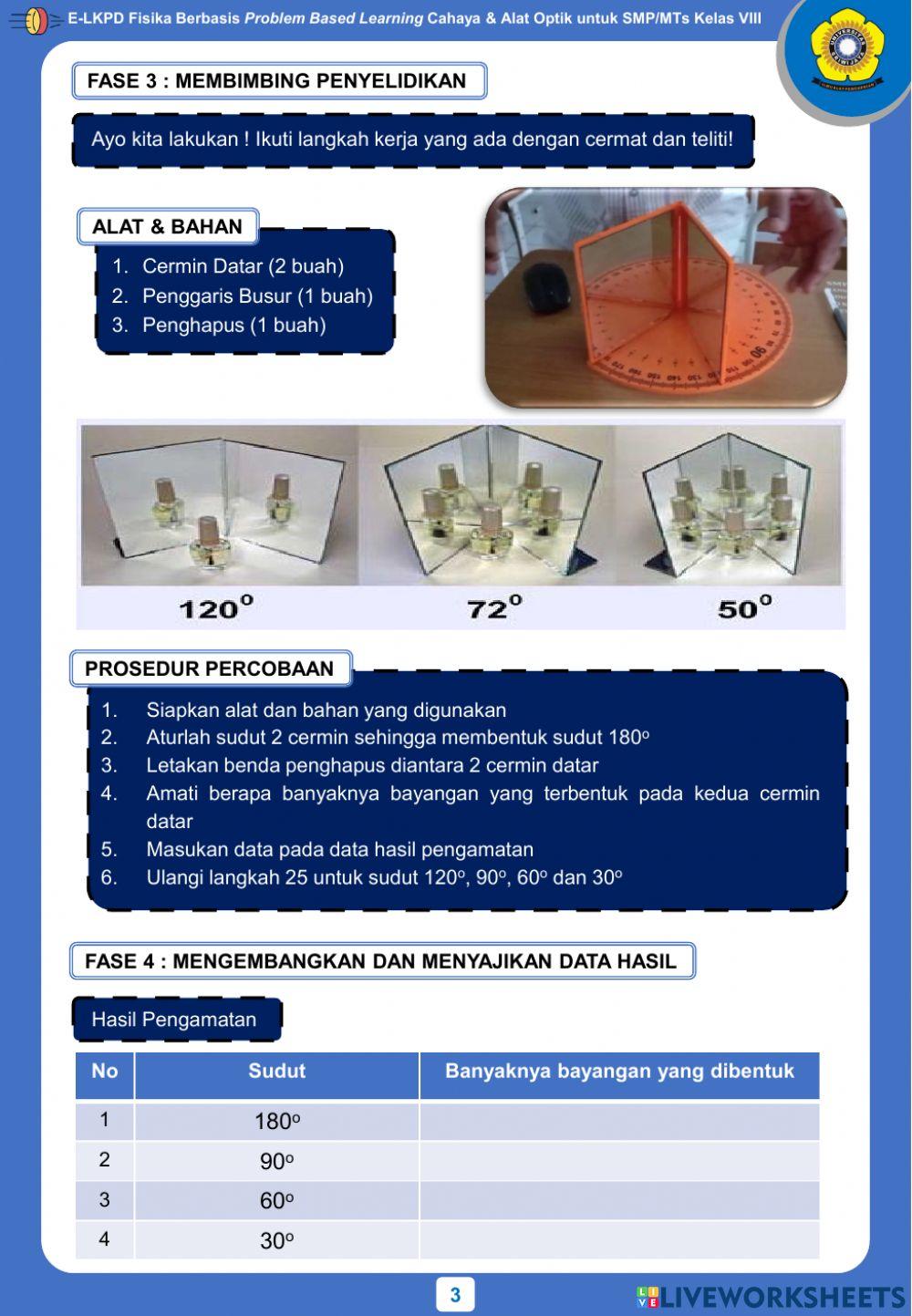 E-LKPD Fisika Berbasis Problem Based Learning Kegiatan 2 - Pembentukan Bayangan pada Cermin Datar