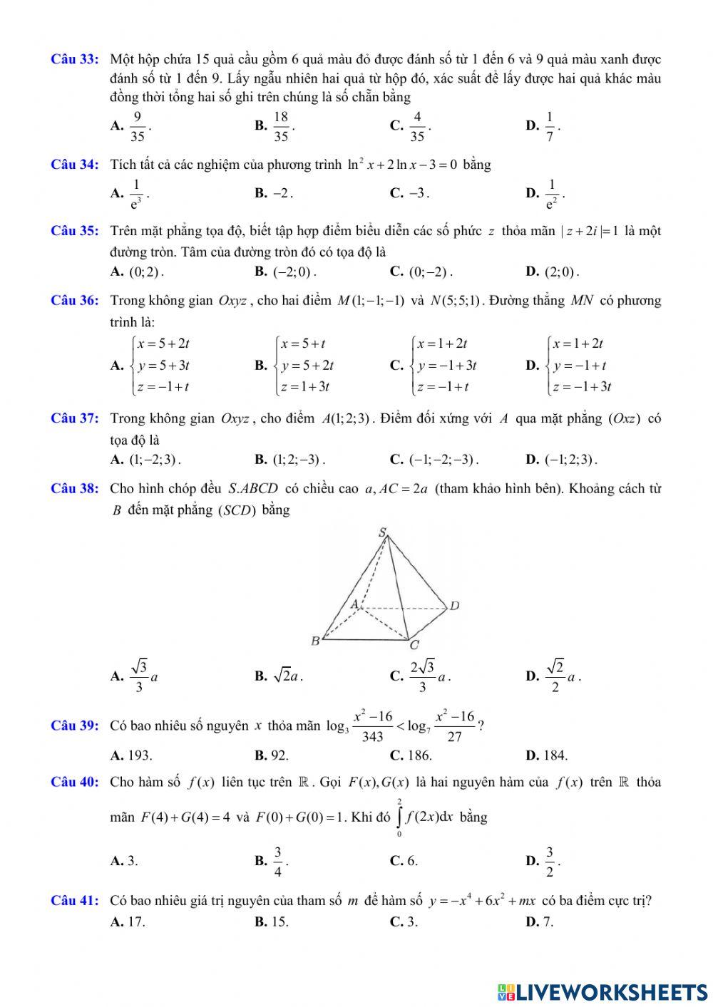 TN2023 - Đề tham khảo môn Toán 2023