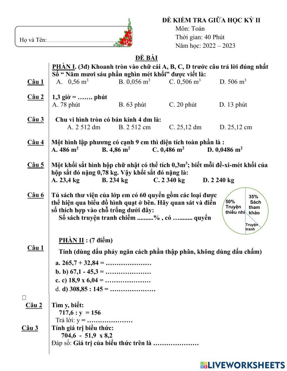Đề ôn Toán giữa kì lớp 5 (đề 4)