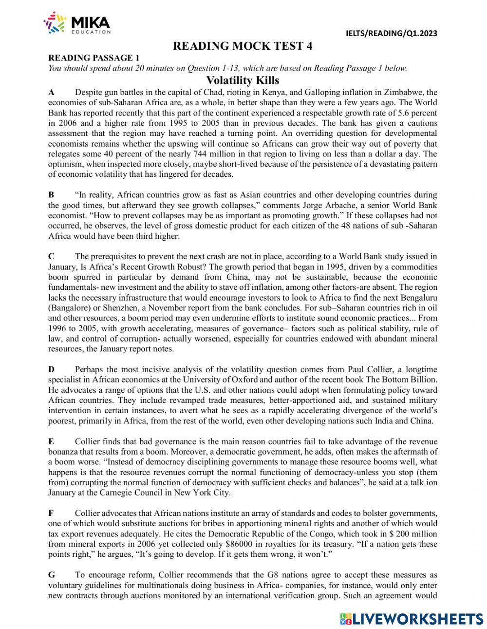 Reading mock test 4 worksheet | Live Worksheets