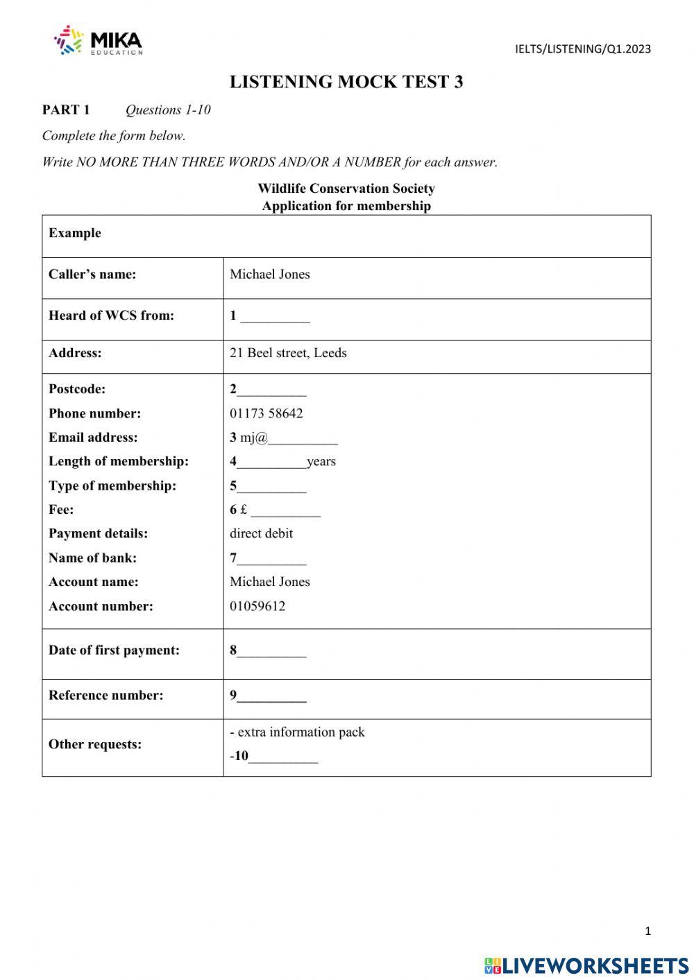 Listening mock test 3 worksheet | Live Worksheets