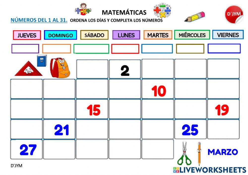 Numeración del 1 al 31