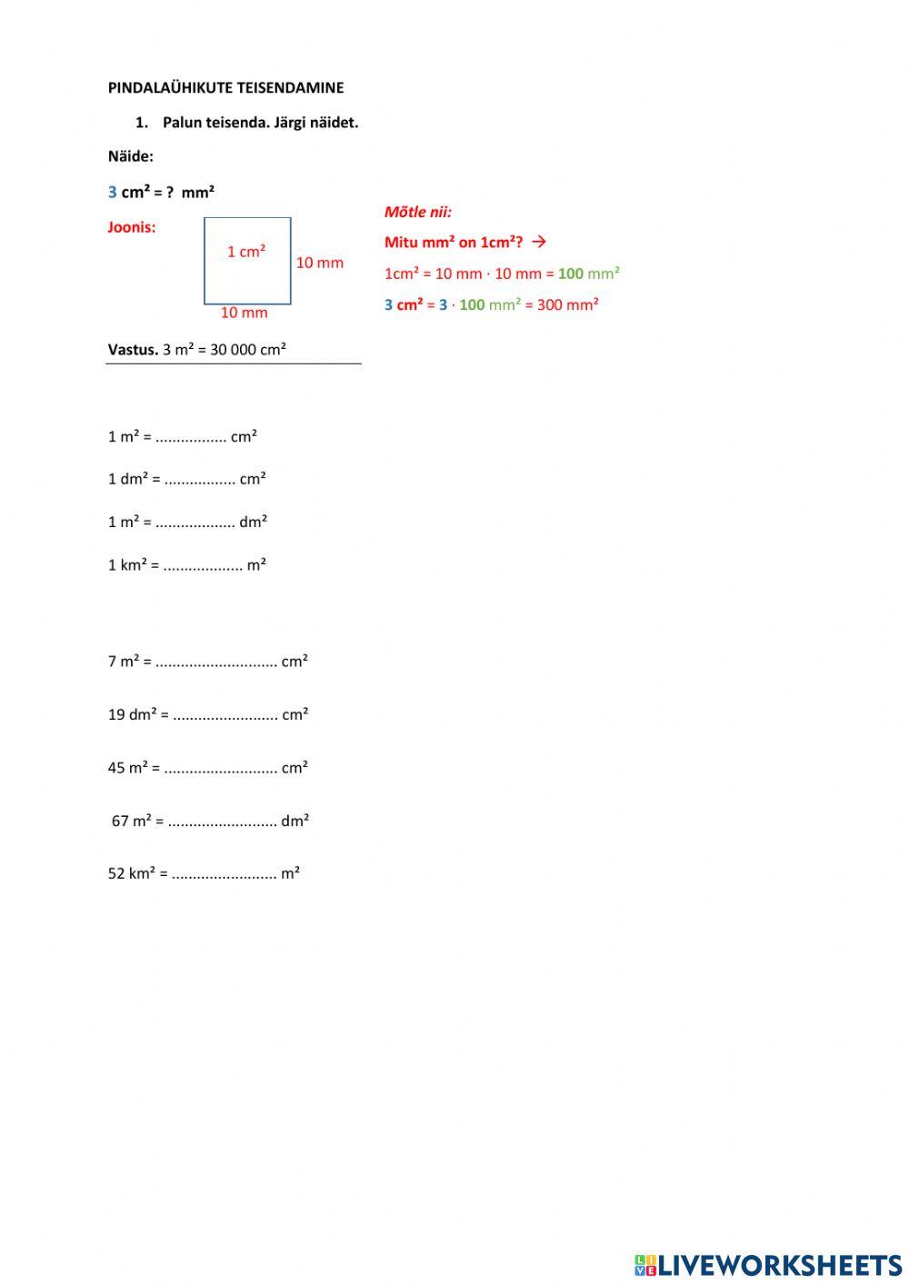 Pindalaühikute teisendamine, 4. klass