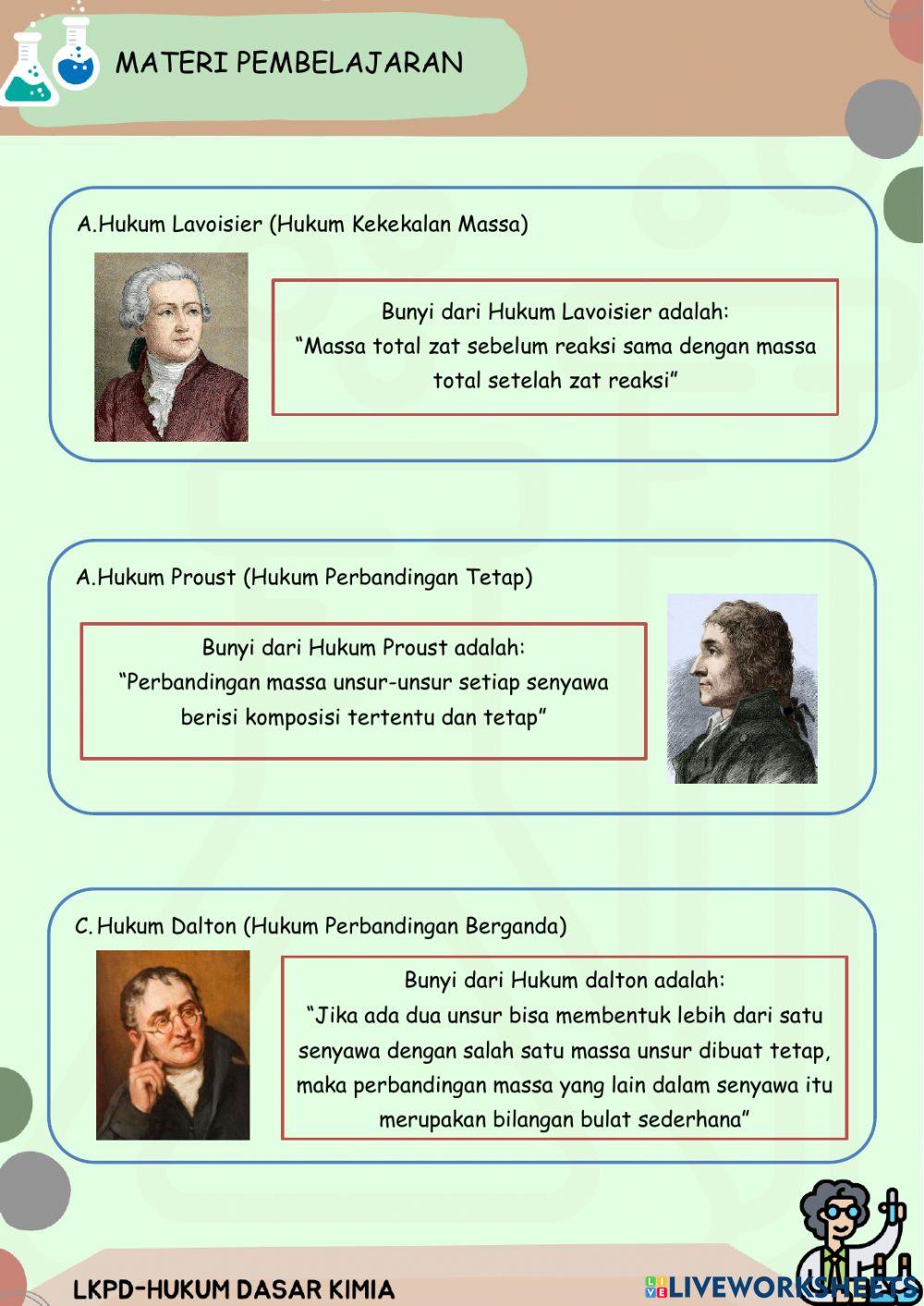 Hukum dasar kimia (lavoisier, proust, dalton)