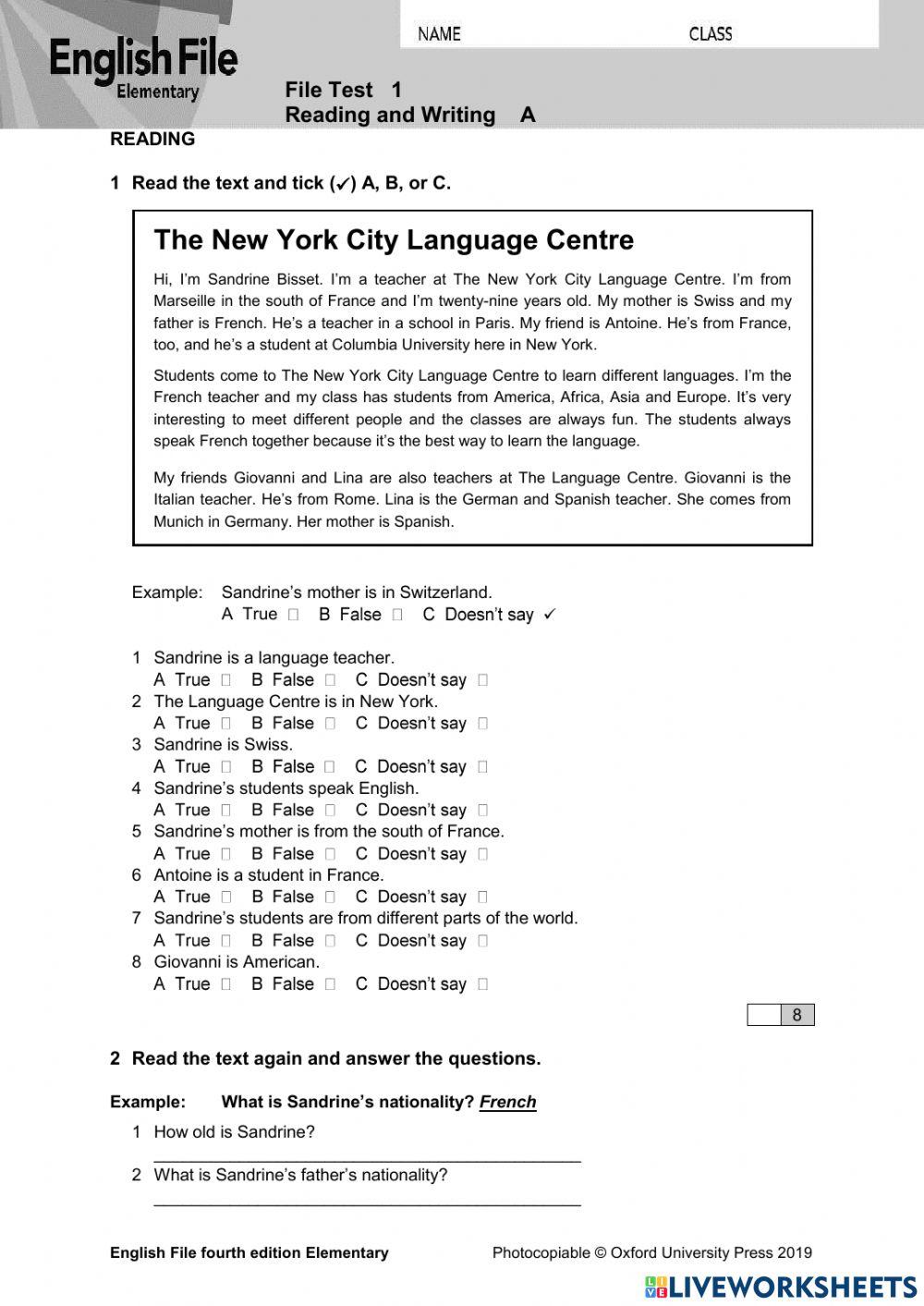 ENGLISH FILE - TEST UNIT 1 online exercise for | Live Worksheets
