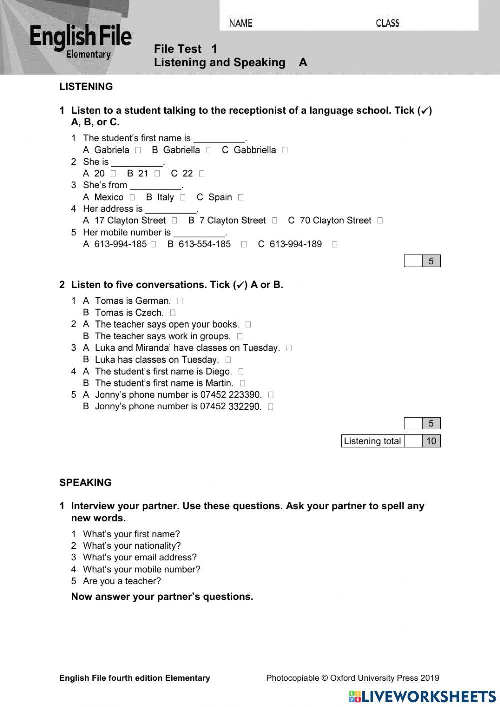 ENGLISH FILE - TEST UNIT 1