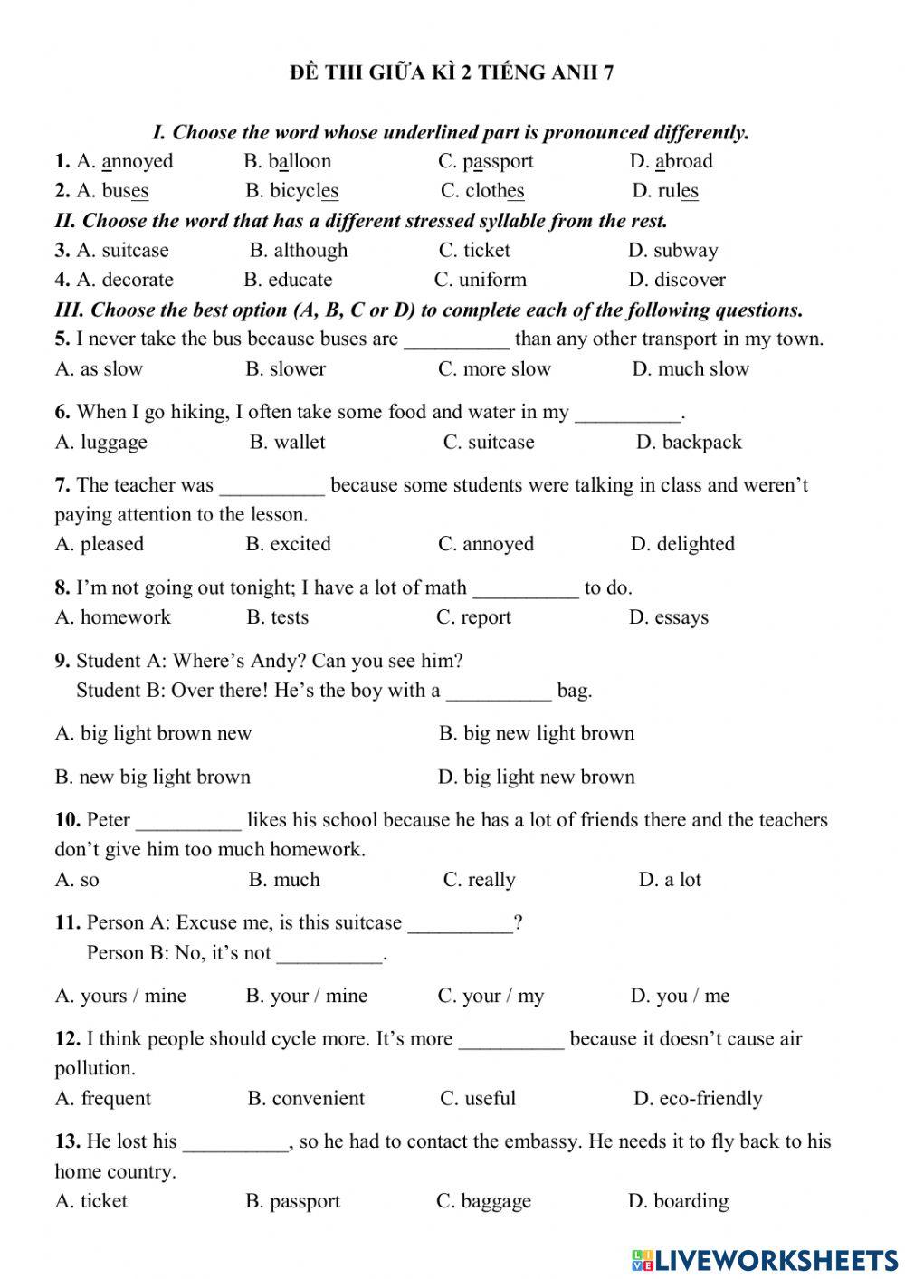 Kiểm tra giữa kỳ 2 lớp 7(smart world)