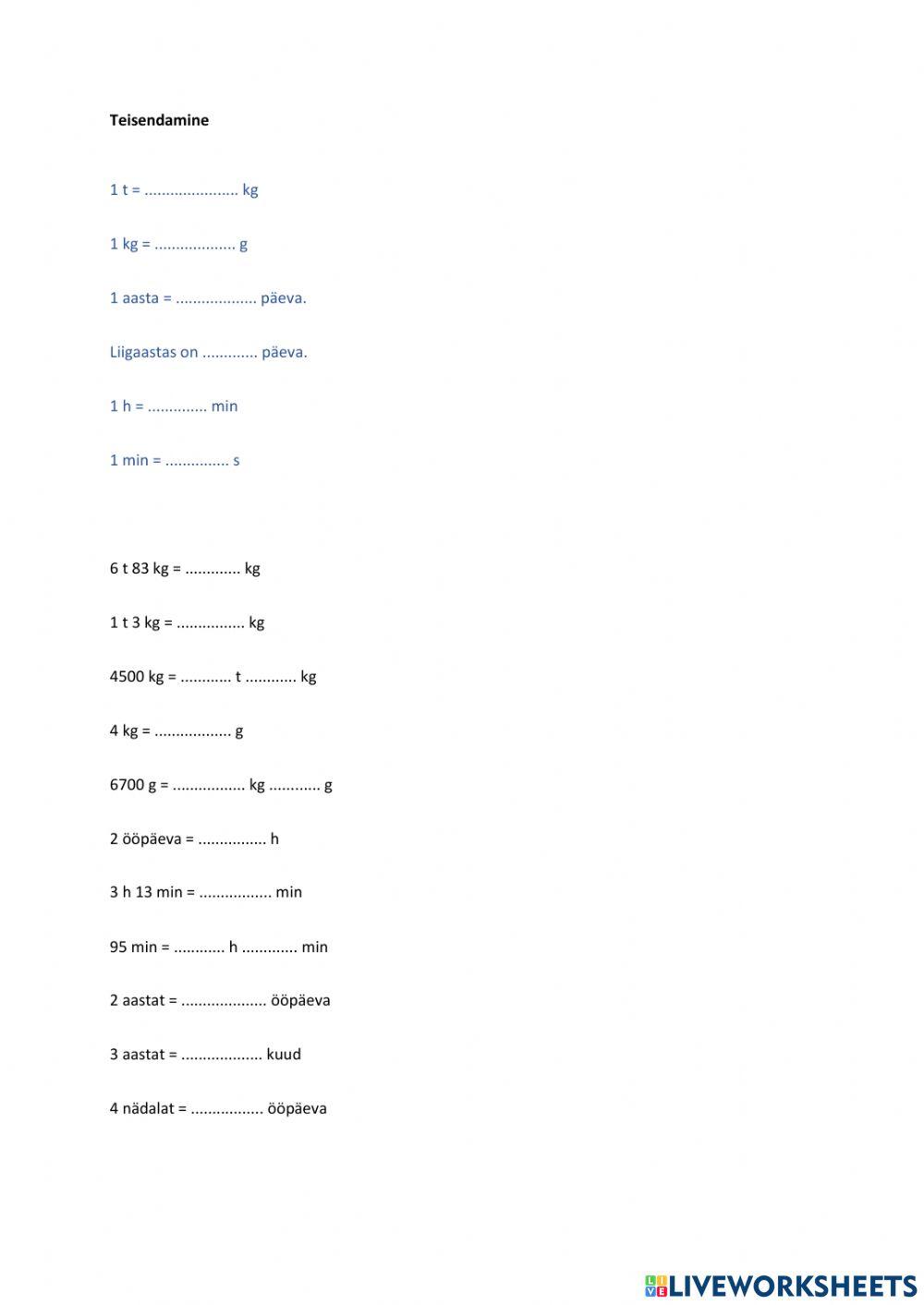 Teisendamine, massi- ja ajaühikud, 4. klass