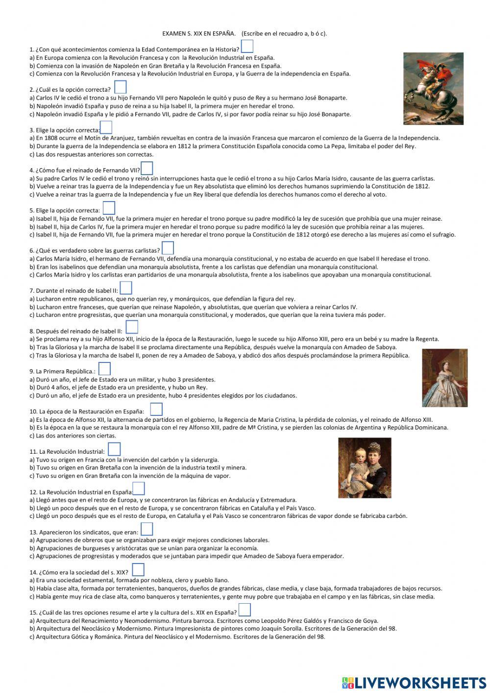 Examen s. XIX España