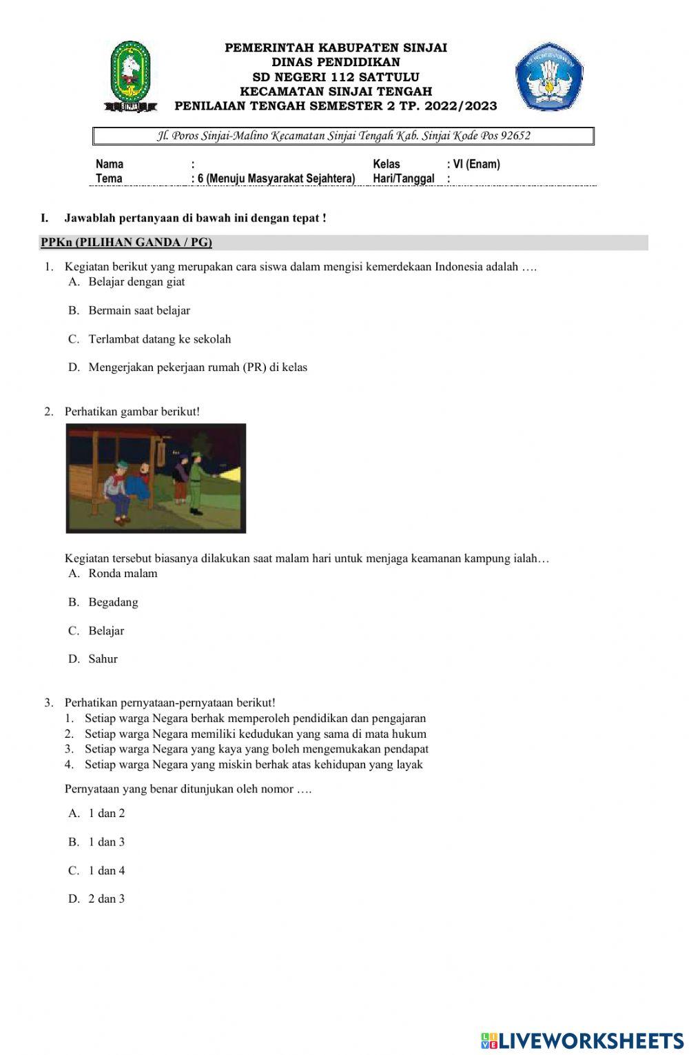 Soal PTS Tema 6 Kelas 6