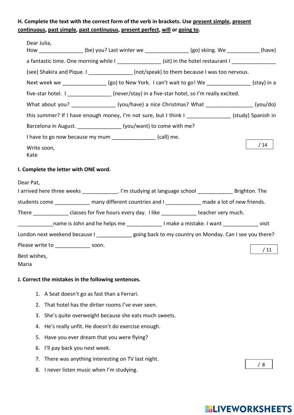 PRE-INT.  2nd term GRAMMAR and VOCABULARY EXAM