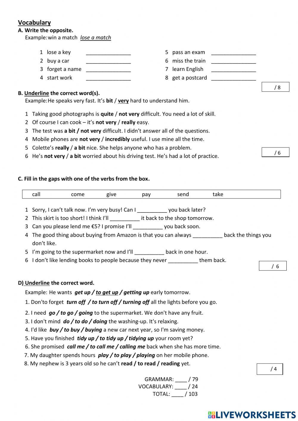 PRE-INT.  2nd term GRAMMAR and VOCABULARY EXAM