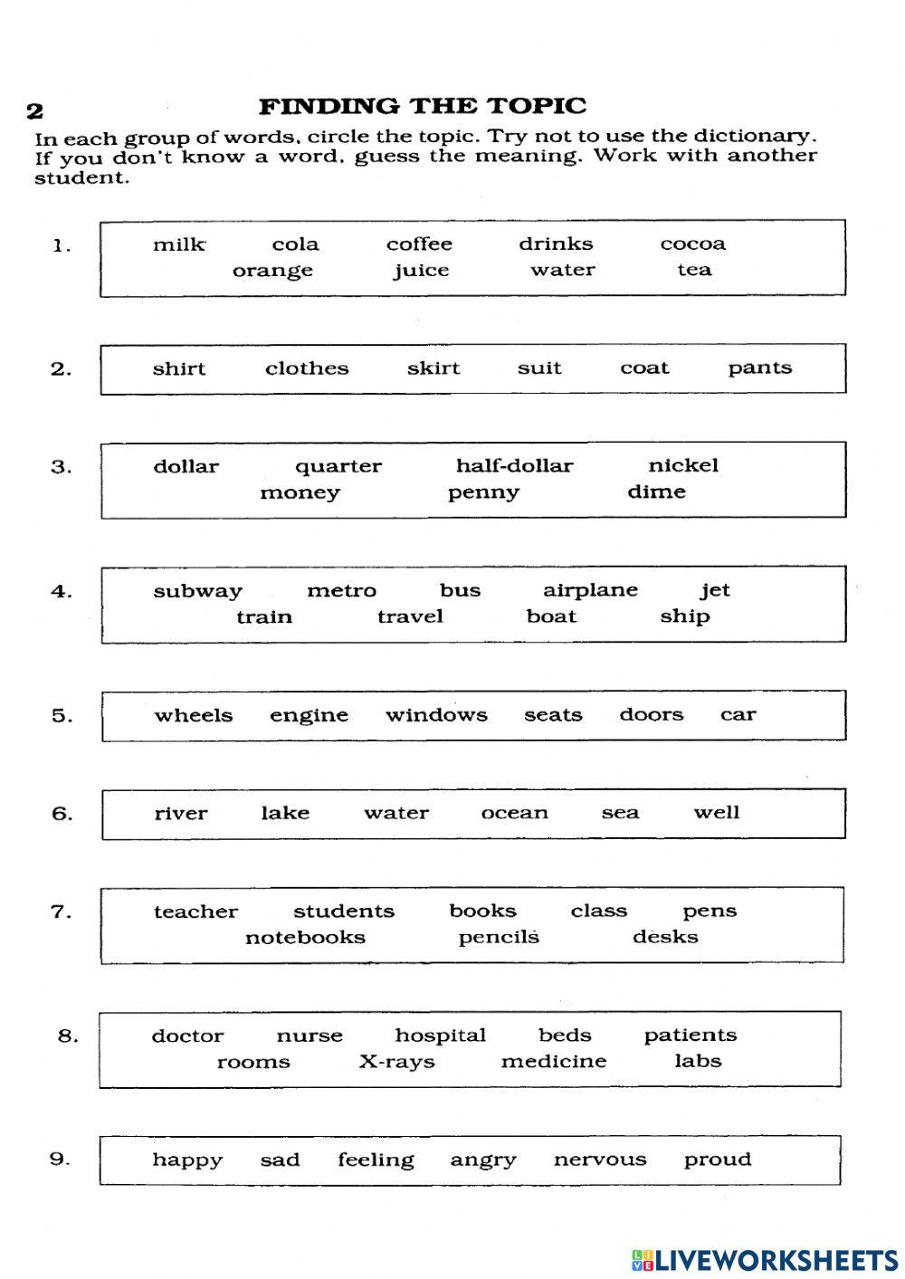 Finding a Topic worksheet | Live Worksheets
