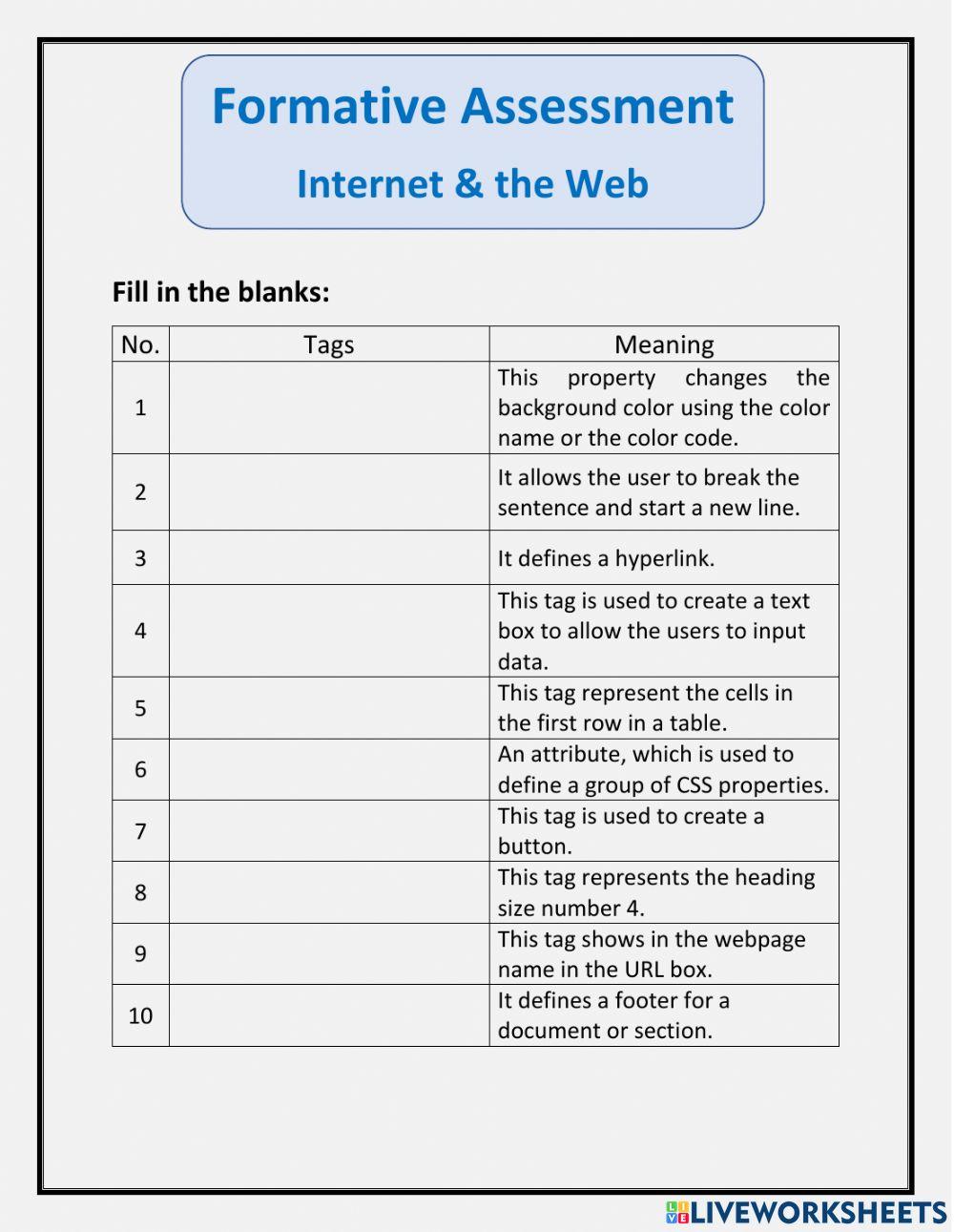 HTML - CSS Formative Assessment 2 online exercise for | Live Worksheets