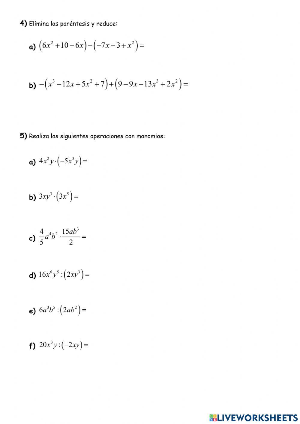 Operaciones con monomios