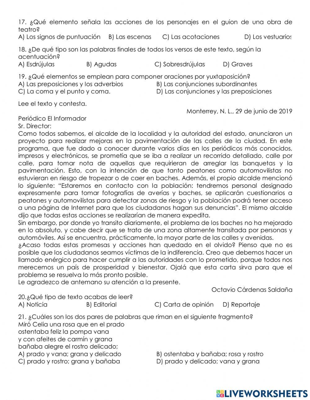 6° Español OLIMPIADA DEL CONOCIMIENTO 2023