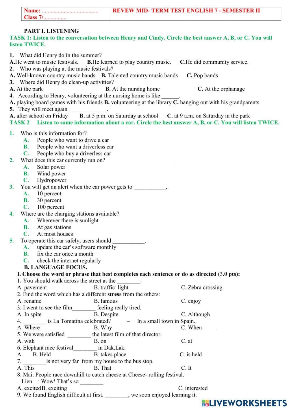 English 7 review mid term test semester ii