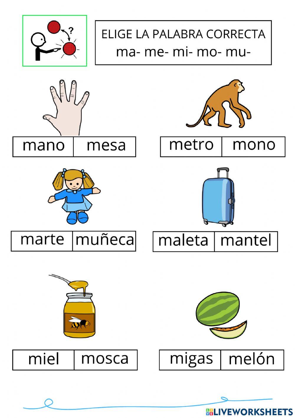 Elige la palabra correcta que empiece con ma, me, mi, mo o mu.
