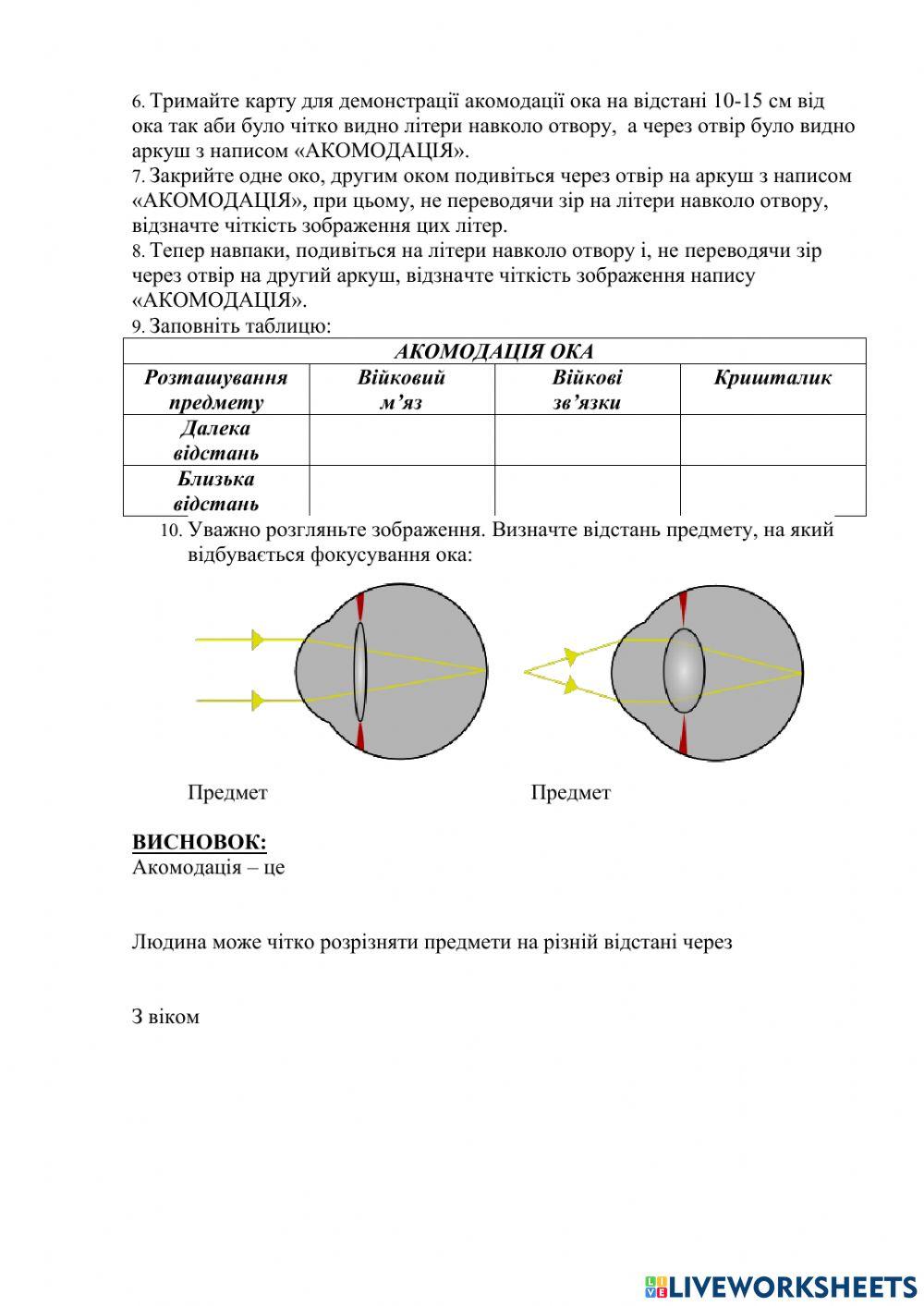 Лабораторне дослідження акомодації ока.