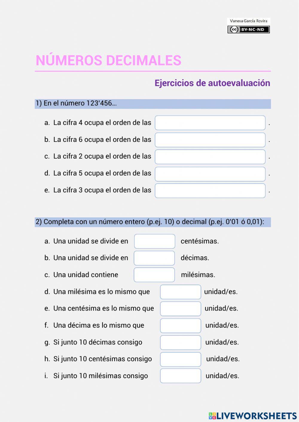 Decimales - Ejercicios de autoevaluación