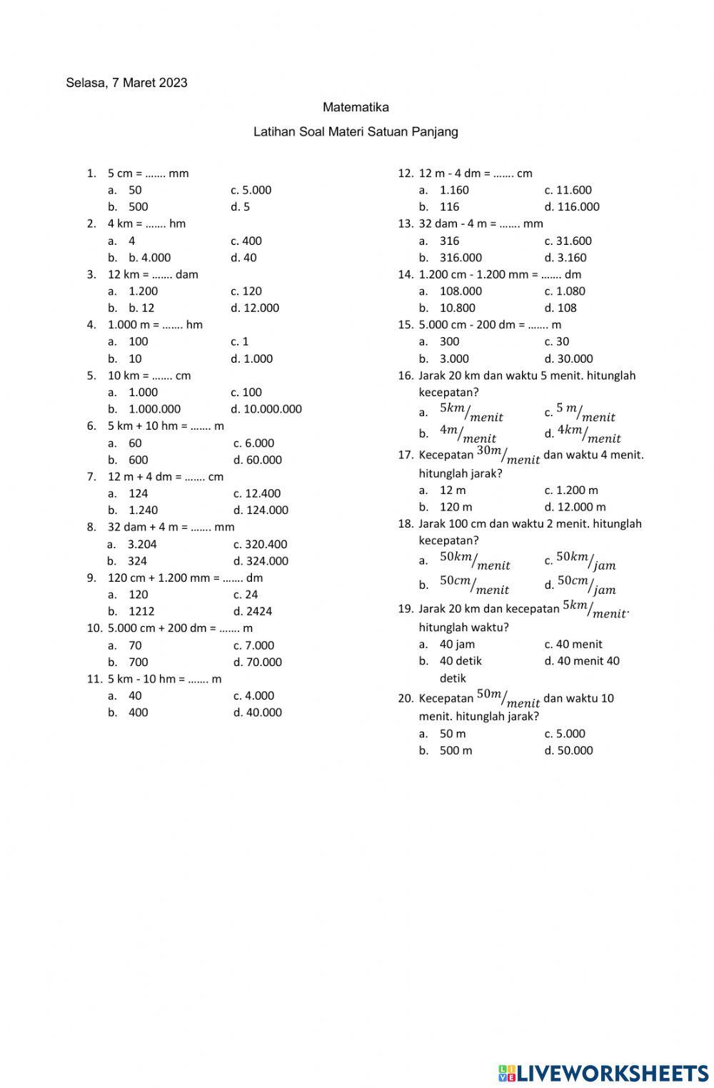 Latihan Soal Satuan Panjang