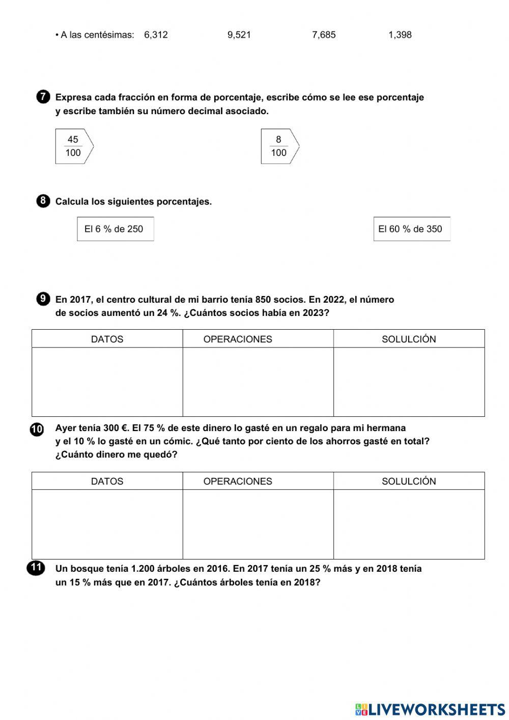Números decimales y porcentajes