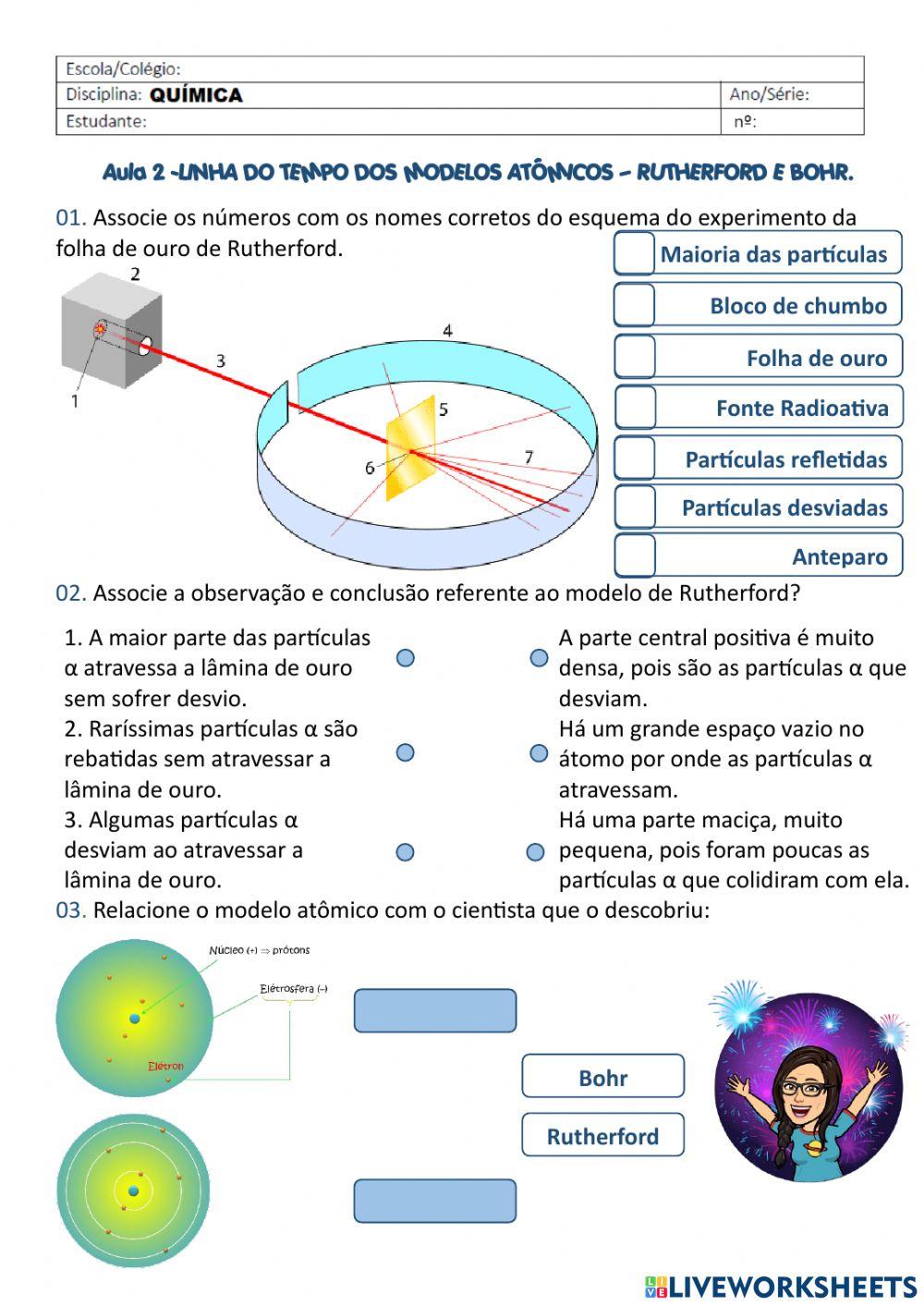 A linha do tempo dos modelos atômicos - Rutherford e Bohr.